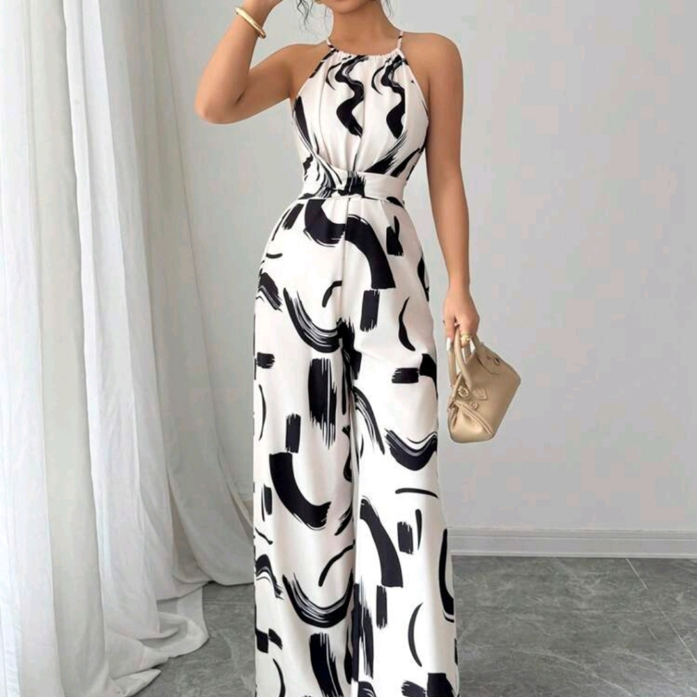 Women's Printed Fabric Waist Tie Jumpsuit, Elegant For Holiday And Every - Picture 6 of 6